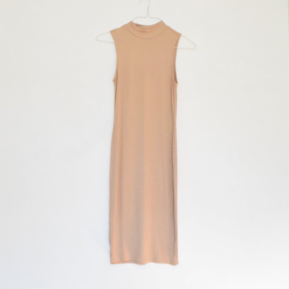 Beige Ribbed Knit Mockneck Bodycon Pencil Midi Dress | Size L